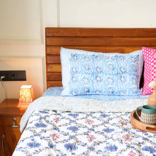 Pink Blue Flowers - Single Bed Razai/ Comforter