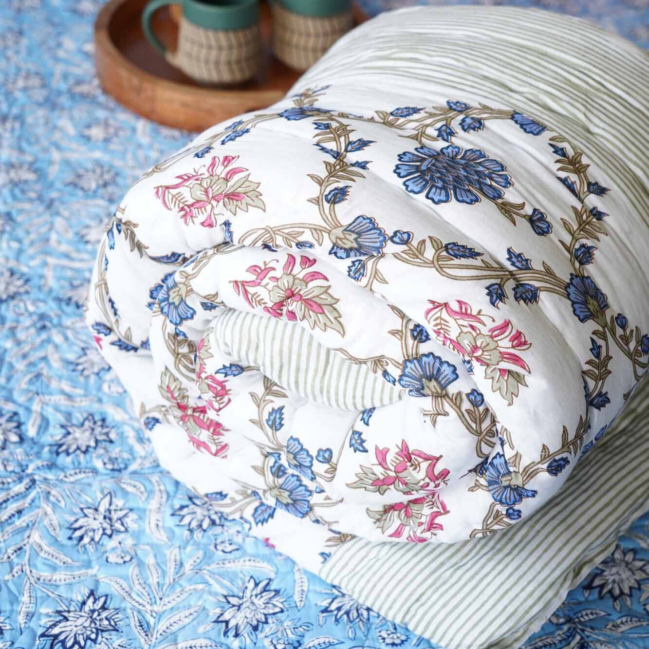 Pink Blue Flowers - Single Bed Razai/ Comforter