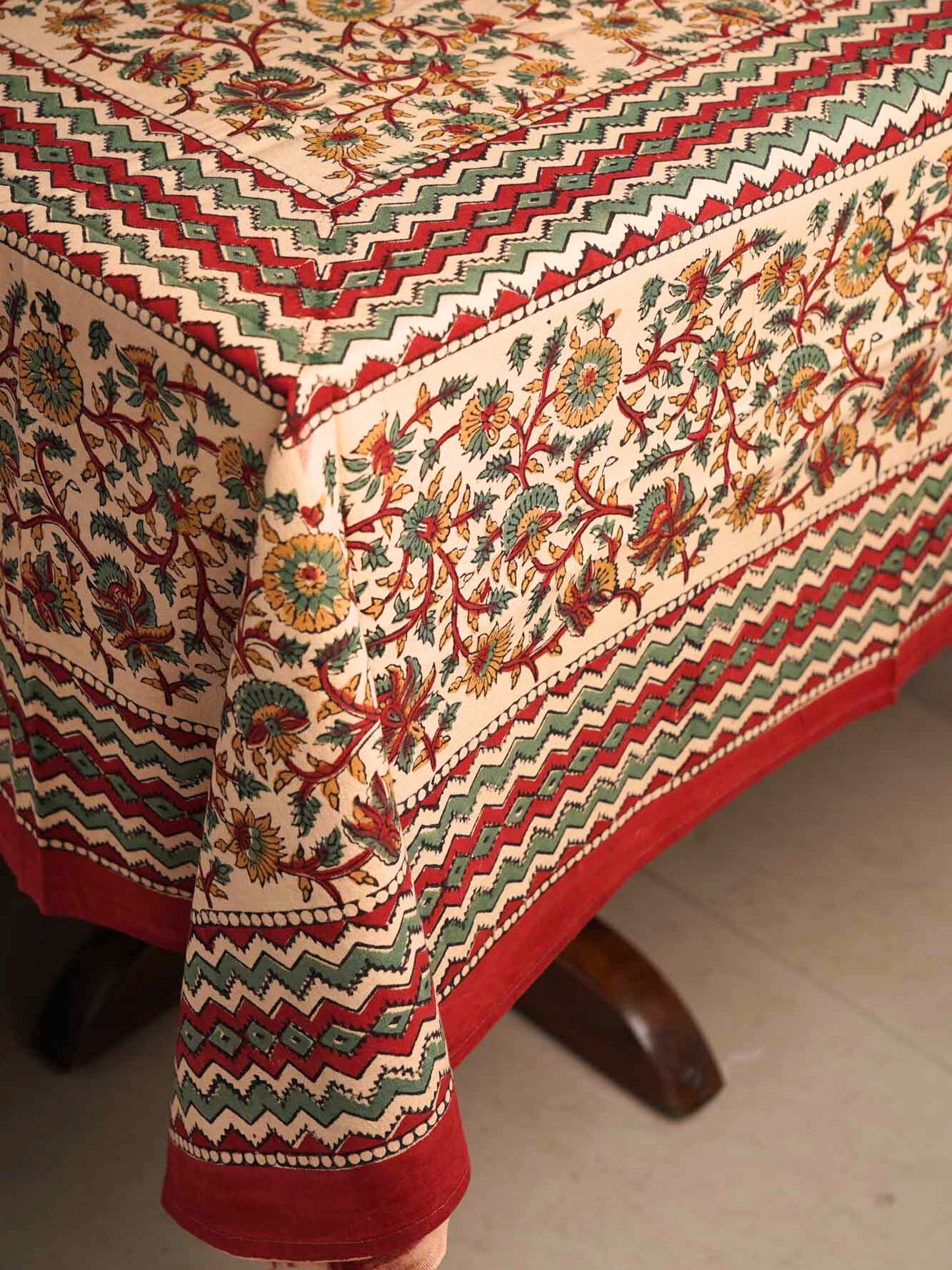 Kalamkari Phulwari - Hand Block Six seater Dining table cover