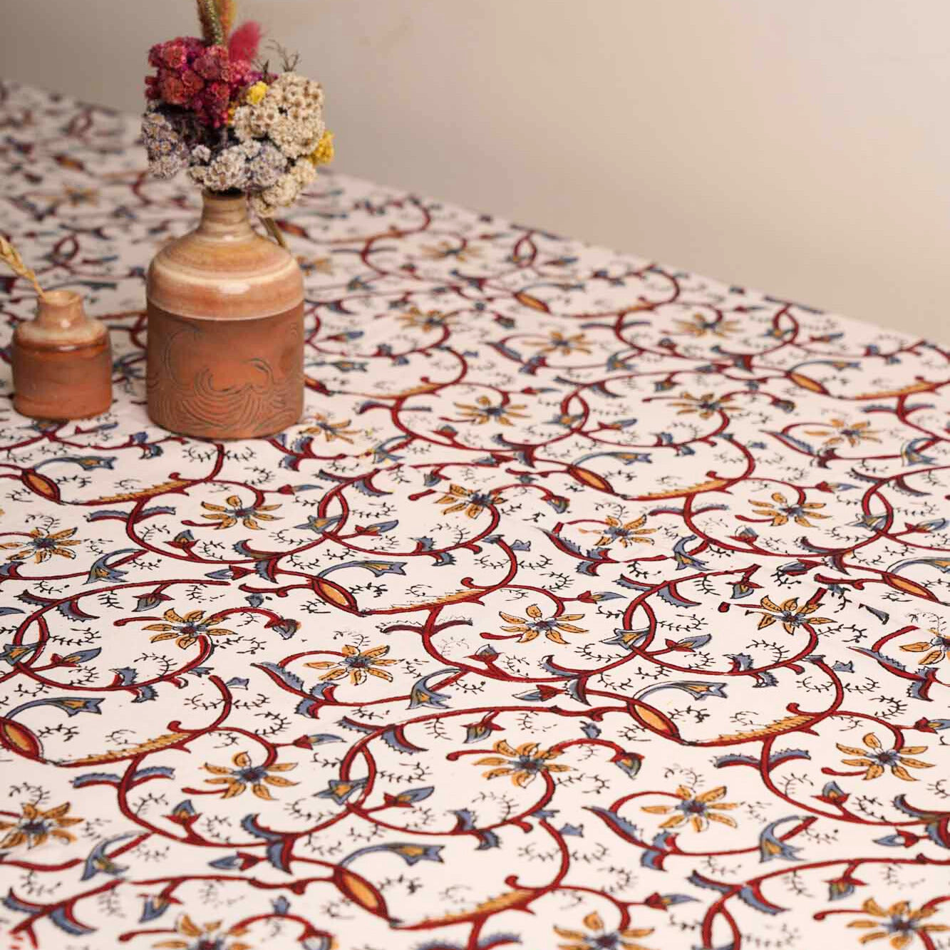 Kalamkari Bel - Hand Block Six seater Dining table cover