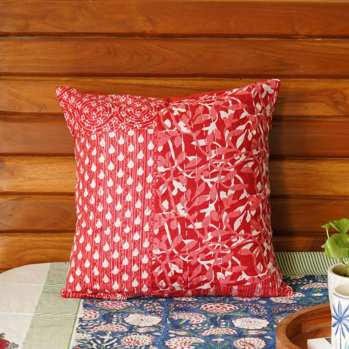 Laal-kantha cushion cover