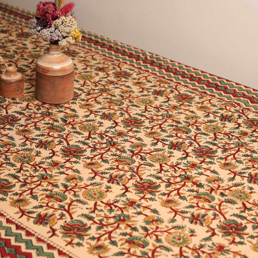 Kalamkari Phulwari - Hand Block Six seater Dining table cover