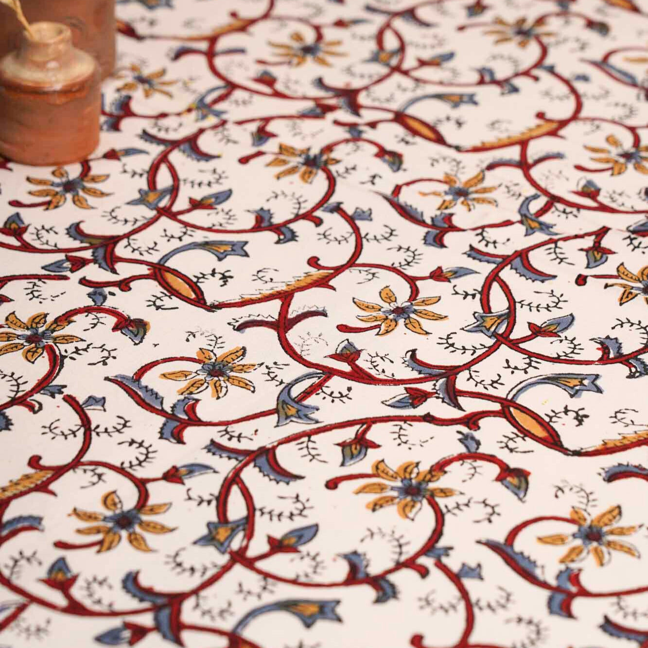 Kalamkari Bel - Hand Block Six seater Dining table cover